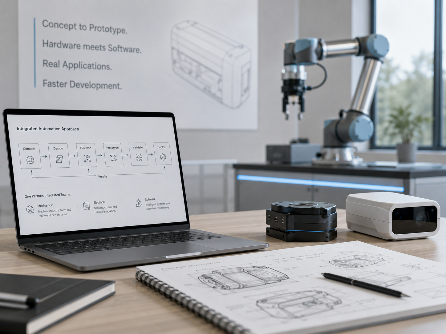 Workspace showing an integrated automation workflow diagram, a collaborative robot arm, sensor hardware, and CAD sketches
