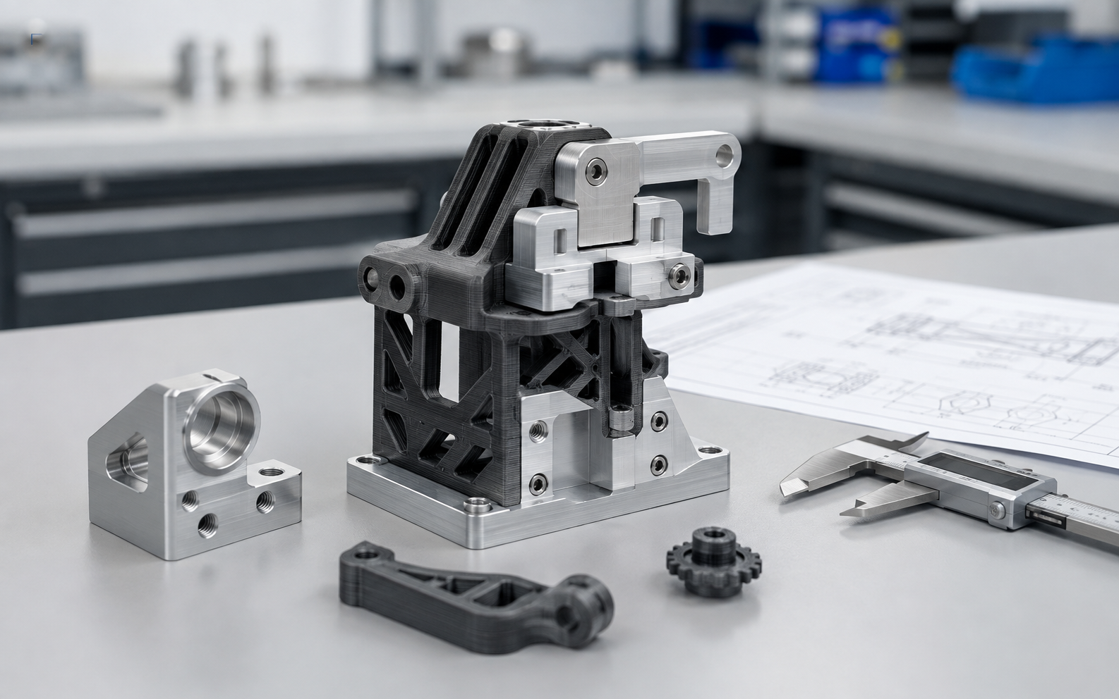 Assembly combining a CNC-machined interface with a 3D-printed component
